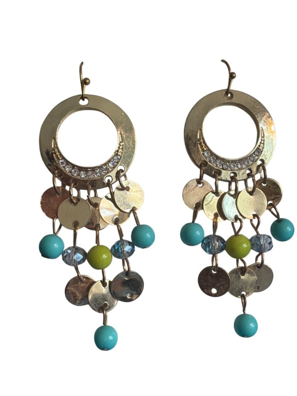 Gold Tone Dangle Earrings Beads Rhinestones Boho Style Hooks 2.5" Lightweight